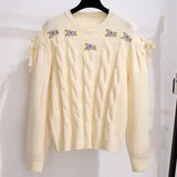 Women Autumn Winter Two Pieces Set Sweet Floral Embroidery Off The Shoulder Long Sleeve Knitted Sweater And Tweed Skirts