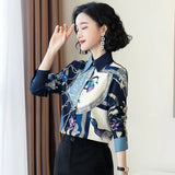 Fongt Chinese Style Women's Silk Jacket Autumn New Print Mulberry Silk Shirt Loose Long-Sleeved Shirt-Outfit