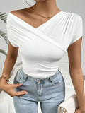 Fongt Spring And Summer Explosion Folding Collar V Collar Sexy Blouse Lady Short-Sleeved T-Shirt