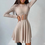 Patchwork Hollow Out A-Line Dress Sexy Slim Solid Basic Long Sleeve Mini Dresses For Women 2021 Elegant Fashion