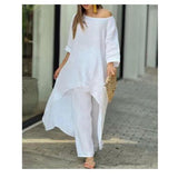 Fongt New Women's Cotton And Cotton Fashion Casual Large Code Irregular Long-Sleeved Set Of Wide Leg Pants Two Sets