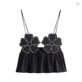 Fongt Women's New Black Bright Flowers Decorated Cotton Blouse Small Sling Vest Short