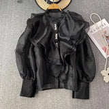 Fongt Court Style Super Fairy Collar Layer Lotus Edge Eugen Yarn Perspective Single Buckle Shirt Female Gas Top