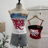 Fongt Letter-Print Spliced Denim Sling Vest Repair Outside The Hot Babes Bumpy Short Sleeveless Top 2309