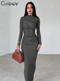 Women's Elegant Solid O-neck Patchwork Maxi Dress Full Long Sleeves Body-shaping Robe Lady Evening Attirewear Vestidos-Outfit