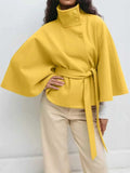 Fongt Women's Autumn And Winter New Fashion Pure Color Cape Collar Collar Belt Wind Coat