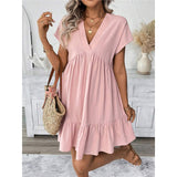 Fongt Women's Dress 2025 Summer Holiday Windy Windy Leaves Edge V Collar Solid Loose Short Skirt