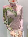 Autumn Fashion Bronzing T-shirt Women Located Printing Big Flowers Slim TShirts Female High Stretch Top HF8730-Outfit