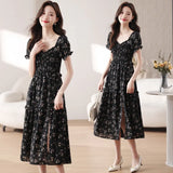 Fongt Summer New Thin And Gentle Flowers Holiday Travel Small Black Dress Medium Temperament Dress