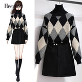 winter Warm 2 Pieces Sets Womens Outfits Korean Woolen Knitted Plaid Turtleneck Sweater And Black Skirts Suits Ropa