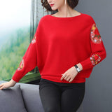 Embroidery Batwing Sleeve O-Neck Spring Sweaters Women Casual Loose Knitted Pullovers Large Size Knitwear Tops