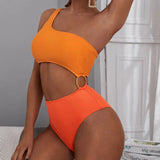 Neon Orange One Piece Swimsuit Women Patchwork Cut Out Trikini Beach One Shoulder Bathing Suit High Waist Swimwear