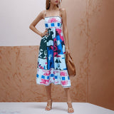 Fongt Summer Women's New Temperament Elegant High-Waist Print Slings Casual Fashion Dress