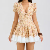Fongt Women's Clothing Sexy Hot Babes Dress Deep V Print Waist Fluffy Mini-Skirt Short Girl