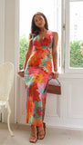 Fongt Summer New Women's Temperament Casual V-Neck Printing Tie Medium Long Dress D2425-Outfit