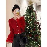 Fongt Small Fragrant Red Hairy Long-Sleeved Sweater Women's Autumn And Winter Unique Beautiful Hairy Sleeve Knitted Open Shirt Thick