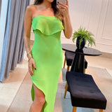 Fongt Summer New Fashion Solid Color Flounce Wipe Chest Side Slit Slim Dress-Outfit