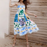 Fongt Summer Women's New Temperament Elegant High-Waist Print Slings Casual Fashion Dress