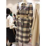 Spring Turn Down Collar Women Woolen Coat Plaid Print Elegant Wool Jacket Women Autumn Long Coat Casaco