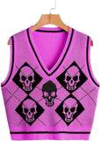 Gothic Knit Sweater Vest Skull Argyle Print Pattern Knitwear V-neck Pullover Fashion Jumper Top Women Halloween