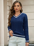 Fongt Women's Temperament V-Neck Long-Sleeved Sweater Fashion Jersey Thread White-Bordered Cuffs Knitted Top