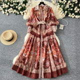 Fongt Court Print Flip Lantern Sleeves To Close Waist Single Buckle Dress Women Thin Elegant Long Dress