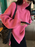Zipper Grey Turtlenecks Loose Fit Casual Long Thickening Winter Sweater Woman Fashion Oversize Retro White Pullover
