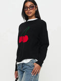 Fongt New Women's Knitted Round Collar Loose Top Fashion Cherry Languid Long-Sleeved Sweater