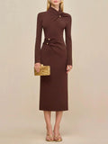 Fongt Brown Metallic Button Decoration Knitted Dress High-Necked Long Sleeves Elegant Temperament