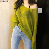 Thin Sweaters Women Vintage Hollow Knitted Pullovers Top Sweet Casual Loose V-neck Sweatshirt Elegant Korean Womens Clothes-Outfit