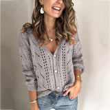 Fongt New Sweater Cardigan Women's Solid Color Hollowed-Out V-Neck Sweater