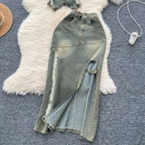 Fongt Water Wash To Make The Old Hanging Neck Sleeveless Collar Collar With Denim Top Two Sets Of Fork Repair Skirts