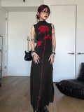 Fongt Temperament A Rose Print Bumpy Color Sexy Dew Height Collar Sleeveless High Open Skirt Dress Long