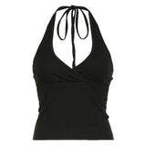 Solid V Neck Bandage Halter Crop Top Summer Basic Casual Sleeveless Backless Tank Tops Women Y2k Aesthetic Summer Tee 90s-Outfit