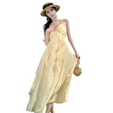 Fongt Summer Vacation Gentle Yellow Tune Dyed Flowers With Neck Flounce Print Skirt Beach Skirt-Outfit