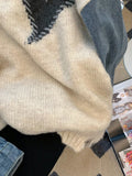 Autumn Winter Women Denim Patchwork Sweater Long Sleeve O-Neck Heart Pattern Knitted Pullovers Loose Stitching
