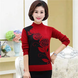 Autumn Winter Middle-aged Women Knit Sweater Print Pullover Turtlenecks Fleece Liner Warm Tops Mother Sweaters Base