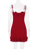 Red Lace Patchwork Buttoned Mini Dress-Outfit