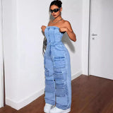 Fongt Women's Denim Cloth Jumpsuit Women's Fashion Babes Breasts Multi-Pocket Work Pants