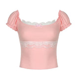 And Spicy Girl Pure Desire Square Collar Lace Spliced Bubble Sleeve T-Shirt Girl Bow Slim Knitted Blouse-Outfit