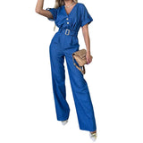 Fongt Spot 2024 Summer New Women's Fashion Temperament V-Neck Short Sleeve Straight Leg Jumpsuit-Outfit