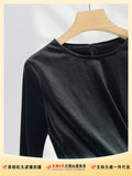 Fongt Pull Full Feather Decorative Atmosphere Top Early Spring New Black Velvet French Long-Sleeve T-Shirt-Outfit