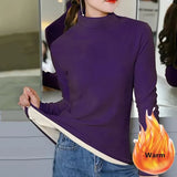 Warm Basic Soft Velvet T-shirts Women Fall Winter Turtleneck Jumper Plush Lined Tops Casual Long Sleeve Slim Velour