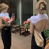 Sleeve T-shirts Women Design Solid Daily Summer Cropped Female Tops Backless Sexy Ladies Clothes Cozy College Basic