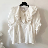Laciness Collar Blusas Mujer Pleated Tunic Shirts Blouses Elegant Chic Fungus Shirt Tops Spring New Clothes Women-Outfit