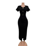 Fongt Body-Stupling Short-Sleeved Bag Hip Dress Gold Metal Buckle Open-Fork Solid Color Dress