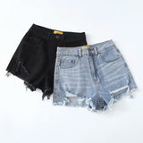 New Summer Stretch-Hole Denim Shorts With A High Waist And A Thin Washedged Wide-Legged Hot Pants-Outfit