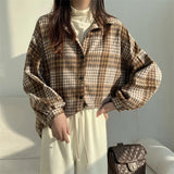 Vintage Plaid Print Thick Long Sleeve Blouse-Outfit
