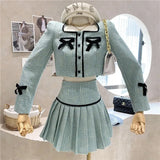 Autumn Winter Tweed 2 Piece Set Women Sweet Sexy Bow Short Jacket Coat + High Waist A-line Skirt Suits Korean Vintage