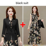 Floral Dress Suits Women Chiffon 2 Piece Sets Korean Unlined Blazer Outfits Tank Print Dresses Tracksuit Boho